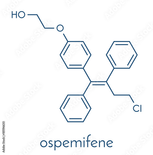 Ospemifene dyspareunia drug molecule. Used to treat pain during sexual intercourse (dyspareunia). Skeletal formula.