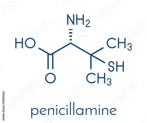 Penicillamine drug molecule. Used as chelating agent and in treatment of rheumatoid arthritis. Skeletal formula.