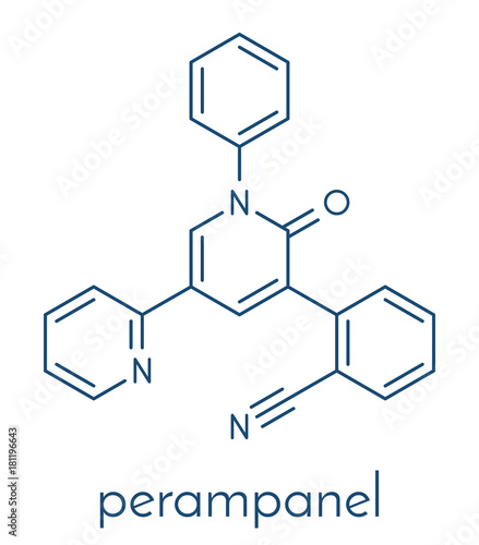 Perampanel epilepsy drug molecule. Used in treatment of seizures. Skeletal formula.