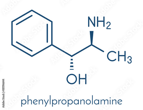 Phenylpropanolamine (norephedrine, norpseudoephedrine, beta-hydroxyamphetamine) drug molecule. Used as stimulant, decongestant and anorectic agent. Skeletal formula.