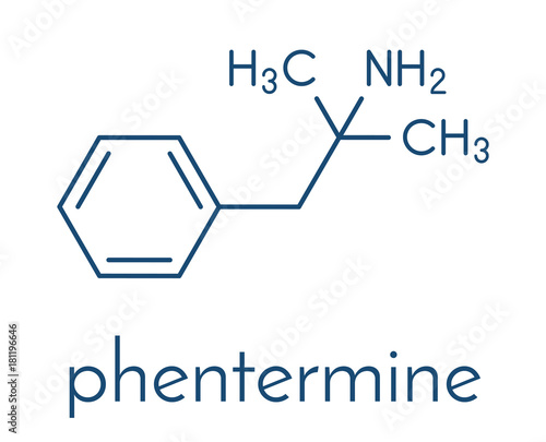 Phentermine appetite suppressant drug molecule. Used in treatment of obesity. Skeletal formula.