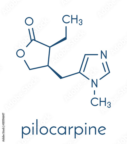 Pilocarpine alkaloid drug molecule. Used in treatment of glaucoma and dry mouth (xerostomia). Skeletal formula.