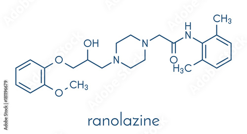 Ranolazine antianginal drug molecule. Used in treatment of chronic angina pectoris. Skeletal formula.