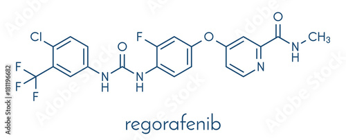 Regorafenib cancer drug molecule. Skeletal formula.