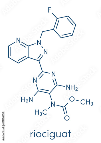 Riociguat pulmonary hypertension (PH) drug molecule. Stimulator of soluble guanylate cyclase (sGC). Skeletal formula.