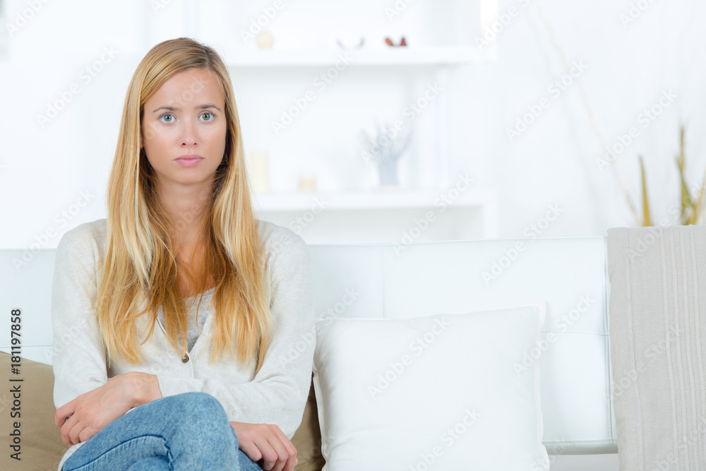 portrait of beautiful young blonde woman sitting on the sofa portrait of beautiful young blonde woman sitting on the sofa