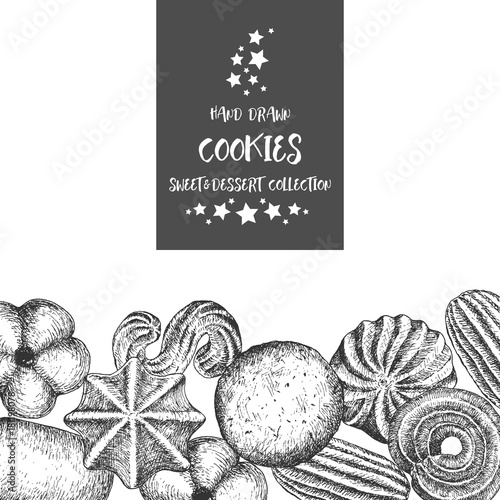 Cookies background design template. Vintage black and white illustration. Sweet and Baked vector element.