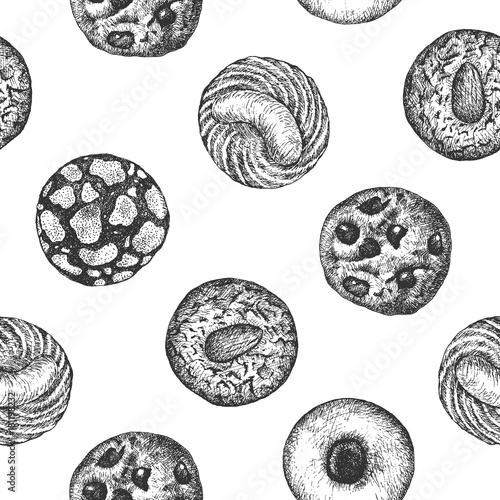 Cookies seamless pattern background design template. Vintage black and white illustration. Sweet and Baked vector element.
