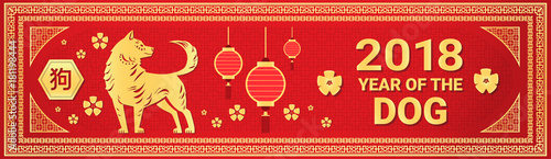 Chinese New Year Of Dog Horizontal Banner With Lanterns Asian Holiday Decoration Flat Vector Illustration