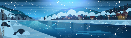 Winter Landscape Of Night In Small Village On Banks Of Frozen River And Mountain Hills Covered With Snow Horizontal Banner Flat Vector Illustration