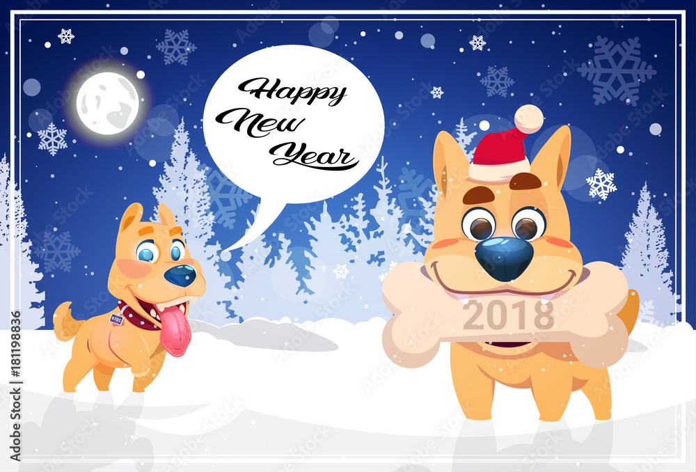Happy Winter Holidays Banner Background With Cute Dogs Over Night Snowy Forest New Year 2018 Concept Flat Vector Illustration
