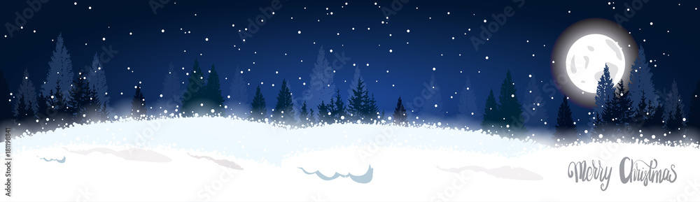 Christmas Winter Forest Landscape Horizontal Banner Fir Trees Over Moon And Stars In Sky Background Vector Illustration