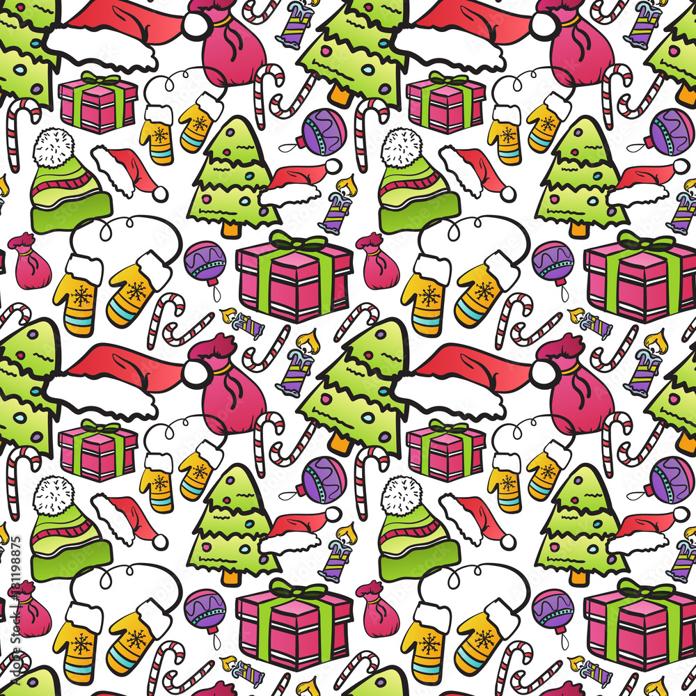 Seamless Pattern With Christmas Symbols On White Background Winter Holiday Ornament Vector Illustration Seamless Pattern With Christmas Symbols On White Background Winter Holiday Ornament Vector Illustration