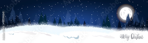 Christmas Winter Forest Landscape Horizontal Banner Fir Trees Over Moon And Stars In Sky Background Vector Illustration © mast3r
