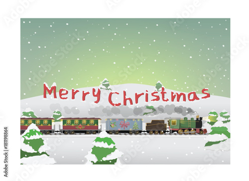 Vector Illustration Cartoon : Merry christmas and Happy new year : Procession Train retro include Steam locomotive compartment container Delivery and tours holiday events landscape winter snow cover.