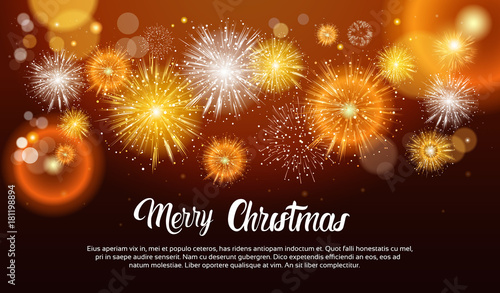 Christmas Fireworks Bursting And Sparkling Against Night Background Happy New Year Banner Vector Illustration