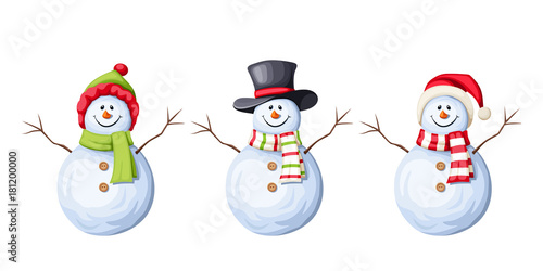 Vector set of three Christmas snowmen isolated on a white background.