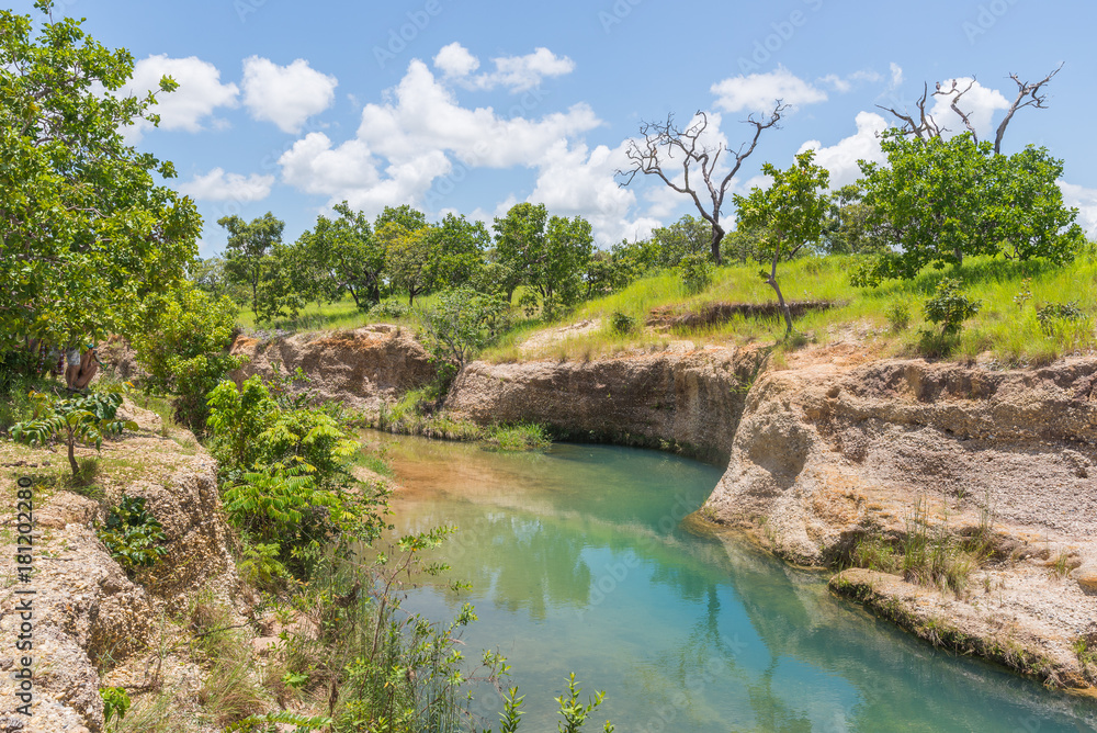 View of the turquoise-colored Yagrumito river, in Aguaro-Guariquito National Park, in Guarico state, Venezuela