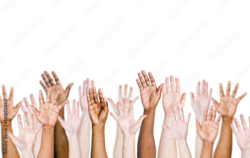 Group of multi-ethnic people's arms outstretched in a white background.