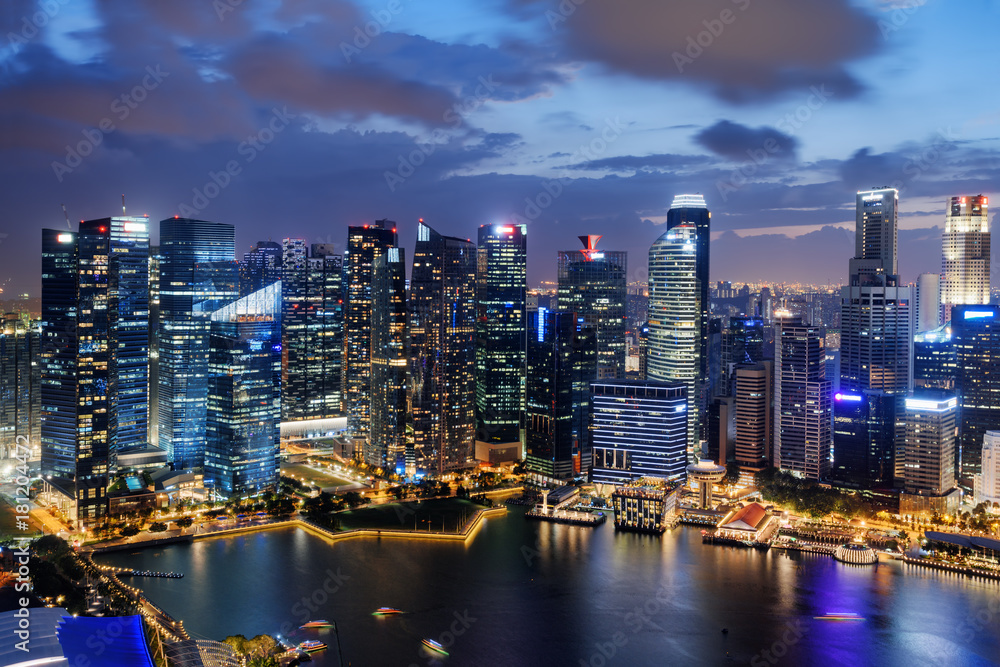 Amazing night view of skyscrapers at downtown of Singapore