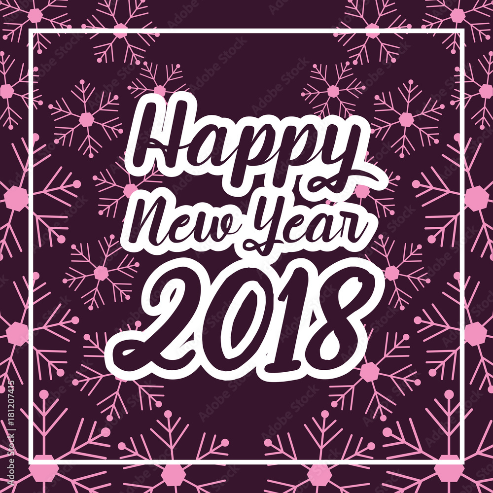 happy new year 2018 lettering purple snowflake frame decoration vector illustration