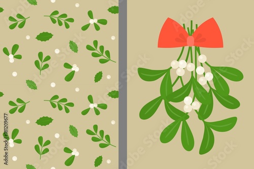 mistletoe and red bow with seamless pattern for christmas in flat design