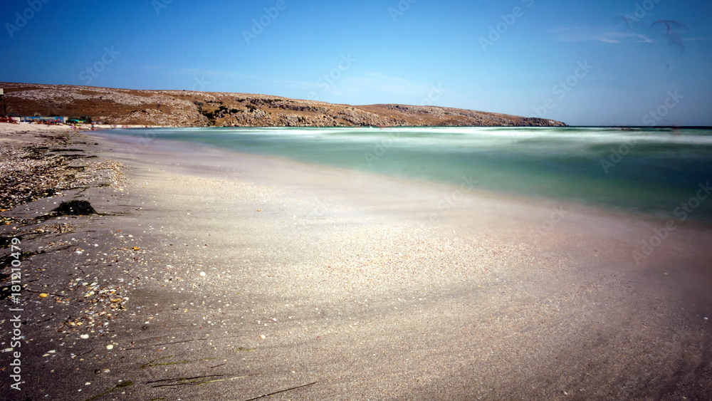 Blurry sand and shell covered beach shore