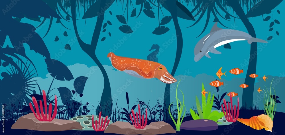 Underwater scene, sea animals, marine life, vector illustration Stock ...