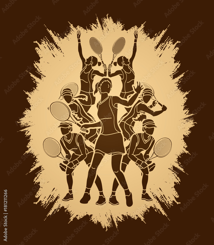 Tennis players , Women action designed on grunge frame background graphic vector.