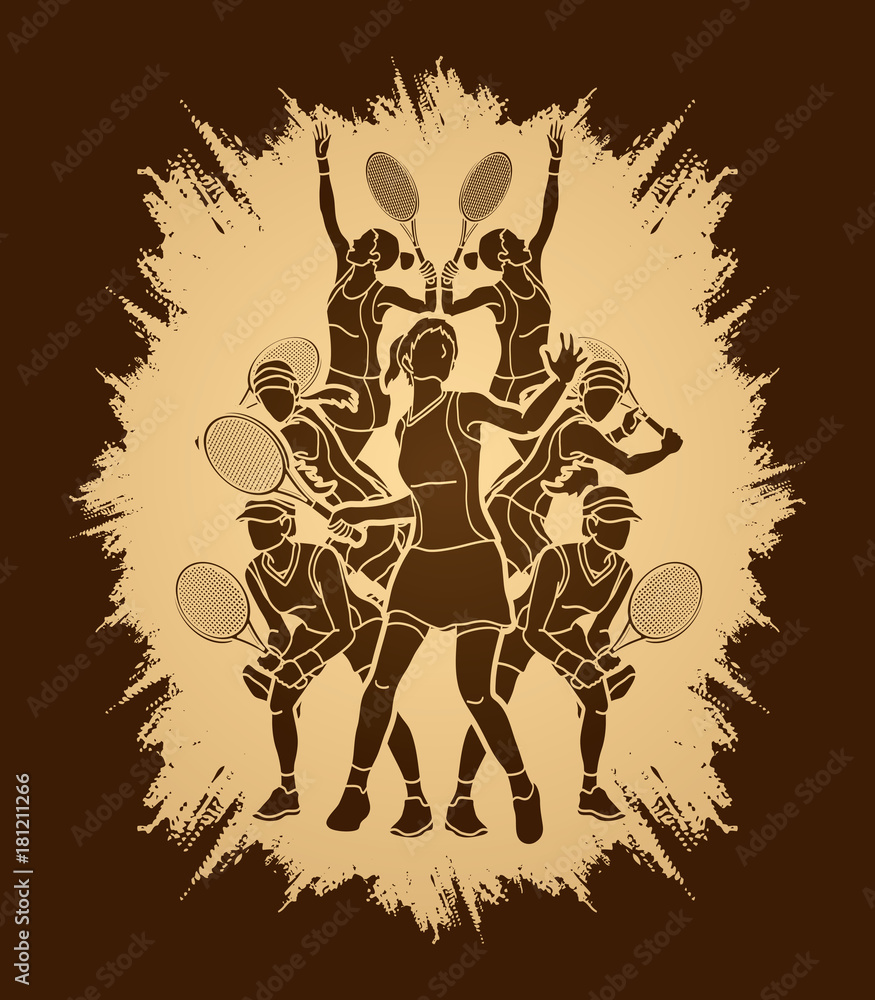 Fototapeta premium Tennis players , Women action designed on grunge frame background graphic vector.