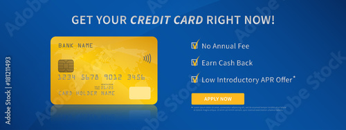 Credit card advertising vector illustration. Contactless bank credit (debit) card promotion creative concept. Plastic bank card with bonuses (money cashback, no annual fee) graphic design.