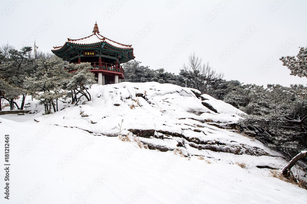 Winter Goguryeojeong Pavilion of Achasan with white snow piled up. Winter Goguryeojeong Pavilion of Achasan with white snow piled up.