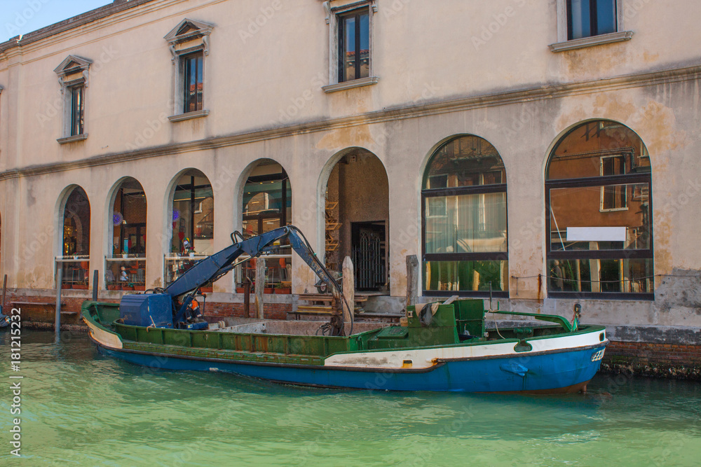 Venice City of Italy. View on technical ship vessel. Venetian Landscape with boat