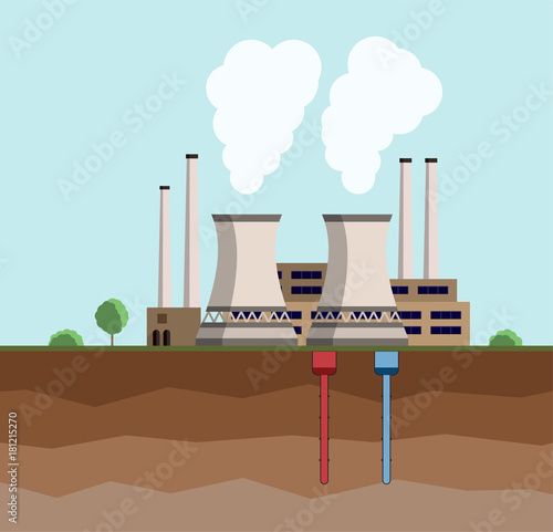 Geothermal energy concept. Eco friendly geothermal energy generation power plant. Green generating industry. Vector illustration.