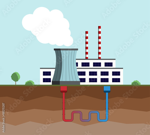 Geothermal energy concept. Eco friendly geothermal energy generation power plant. Green generating industry. Vector illustration.