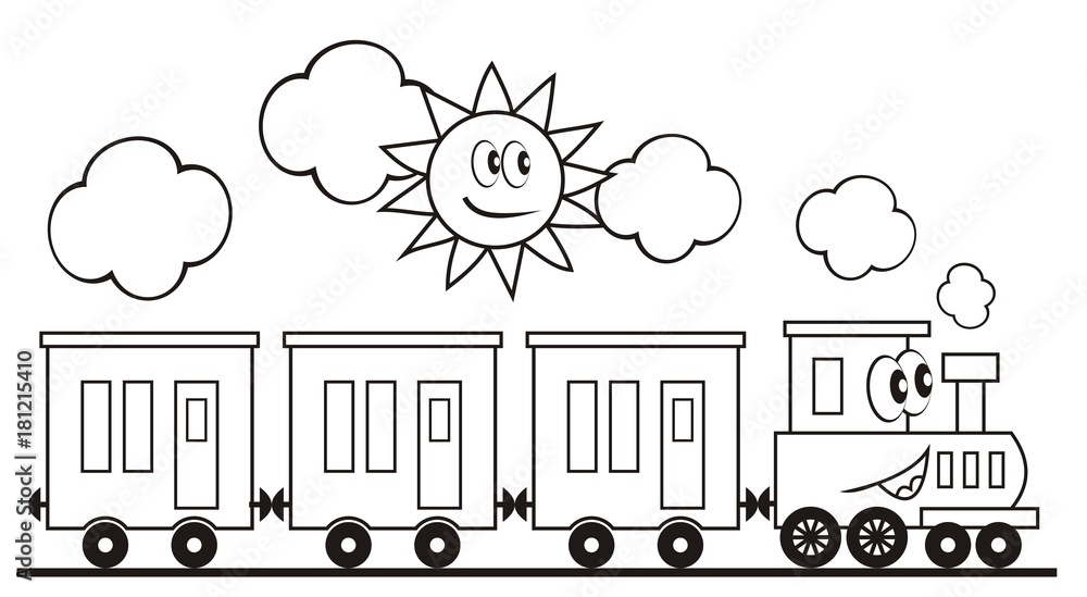 Fototapeta Zestaw pociągu, trzy wagoniki lokomotywy. Ilustracja wektorowa śmieszne. Pociąg i słońce. Lokomotywa z oczami i ustami. Kolorowanka dla dzieci.