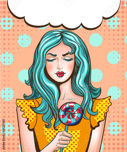 Vector pop art illustration of woman with sweet candy