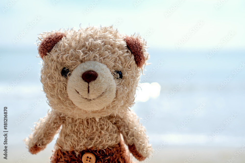 Smiling teddy bear doll on the beach background Smiling teddy bear doll on the beach background