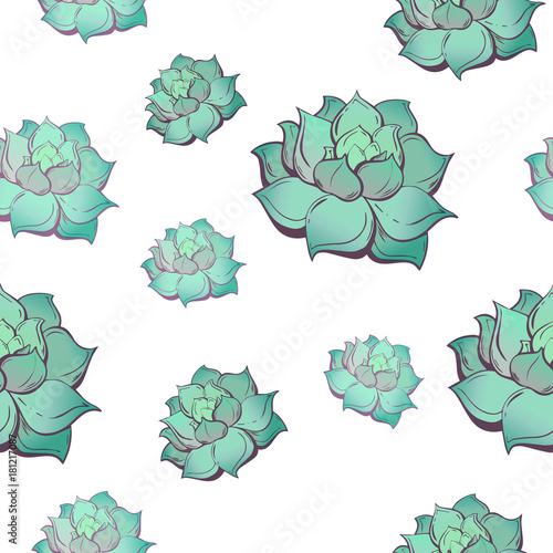 Elegant hand-drawn seamless pattern with echeveria flower also known as mexican stone rose. Succulent decorative ornement. 