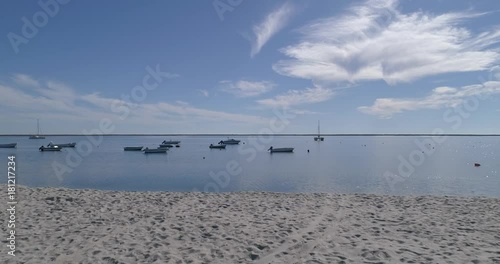 Aerial seascape, in Ria Formosa wetlands natural park, over Cavacos beach. Algarve.
