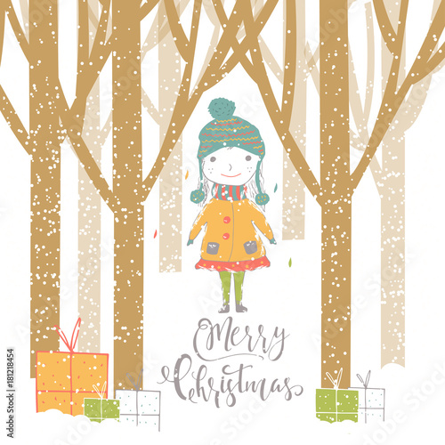 Merry Christmas cute greeting card with girl, presents and lettering quote
