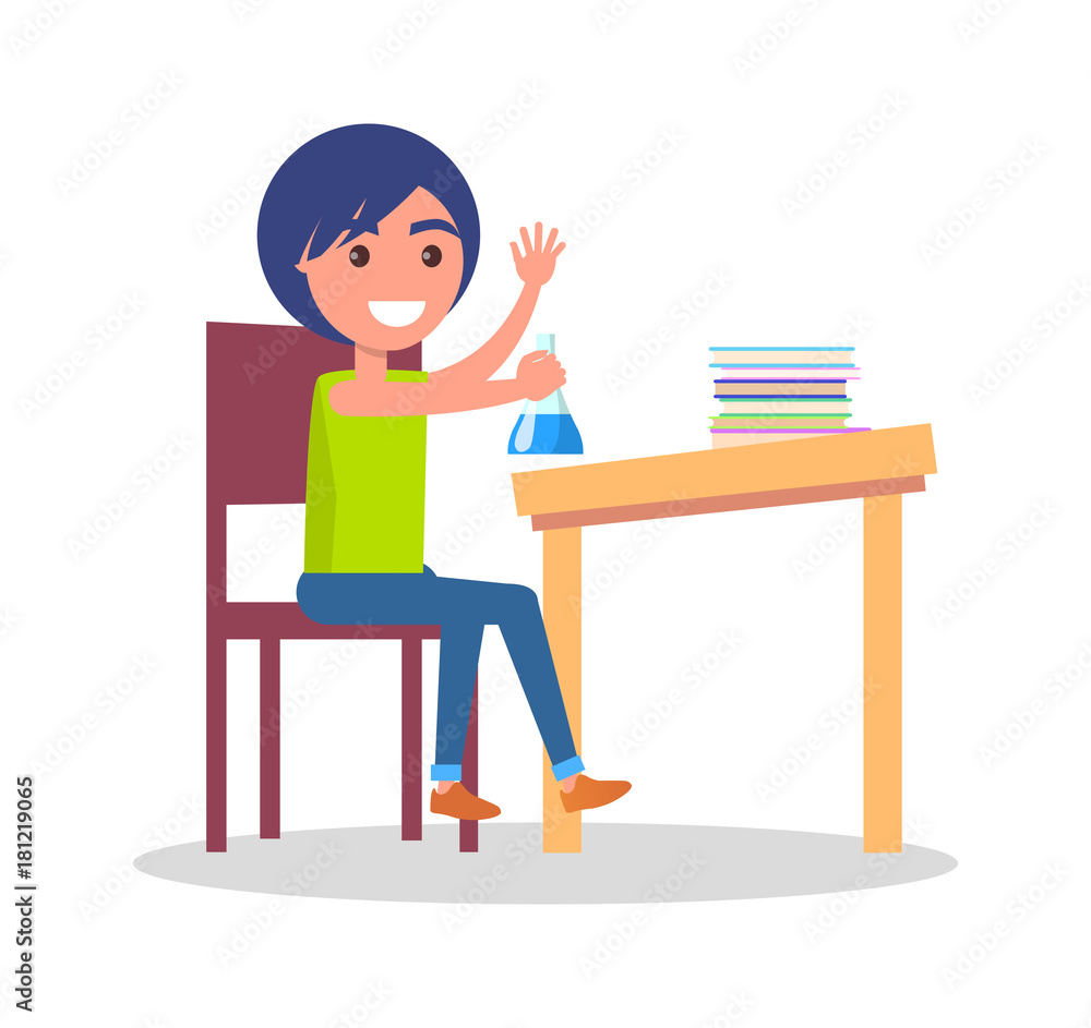 Schoolboy Sitting at Desk Icon Vector Illustration