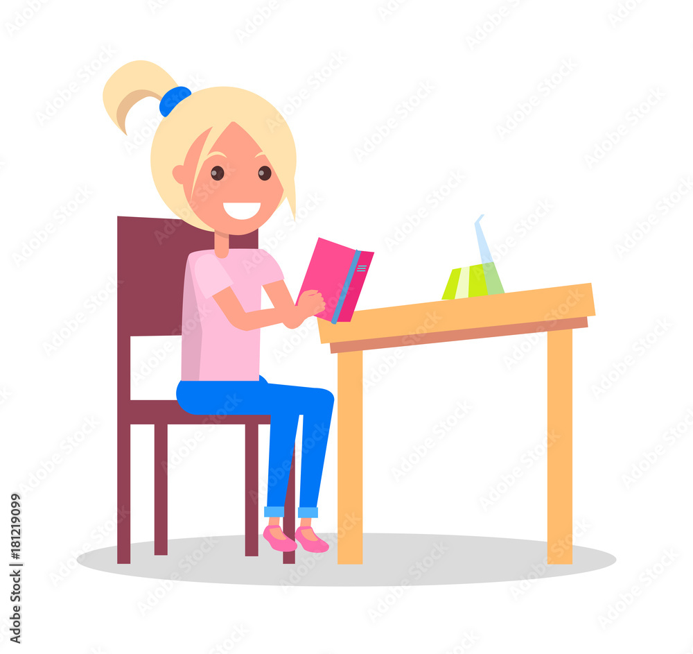Profile of Smiling Girl Sitting at Desk with Book Profile of Smiling Girl Sitting at Desk with Book