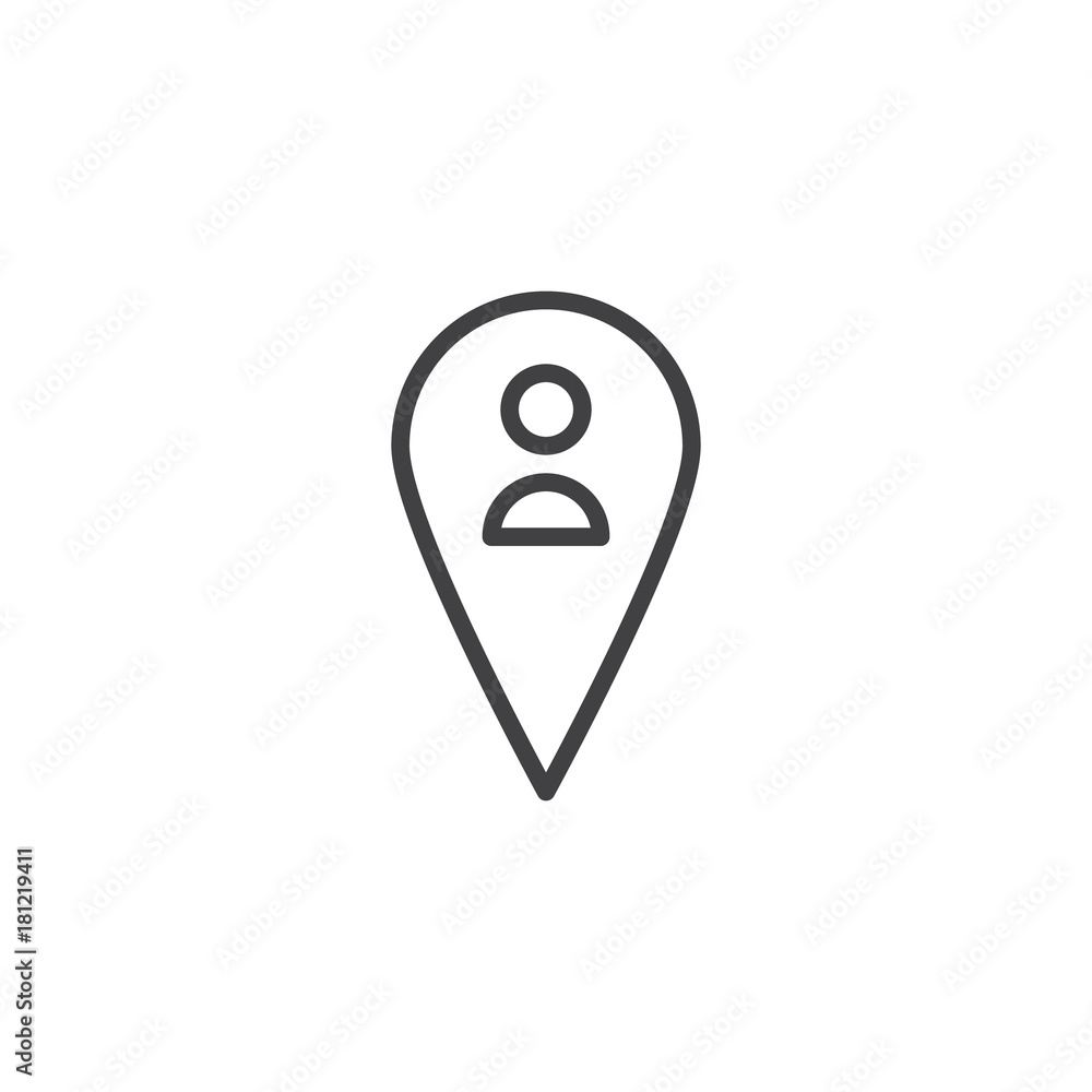 Map pointer with person line icon, outline vector sign, linear style pictogram isolated on white. Man location pin symbol, logo illustration. Editable stroke Map pointer with person line icon, outline vector sign, linear style pictogram isolated on white. Man location pin symbol, logo illustration. Editable stroke