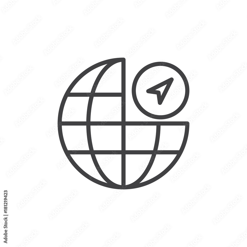 Globe navigation line icon, outline vector sign, linear style pictogram isolated on white. Symbol, logo illustration. Editable stroke Globe navigation line icon, outline vector sign, linear style pictogram isolated on white. Symbol, logo illustration. Editable stroke