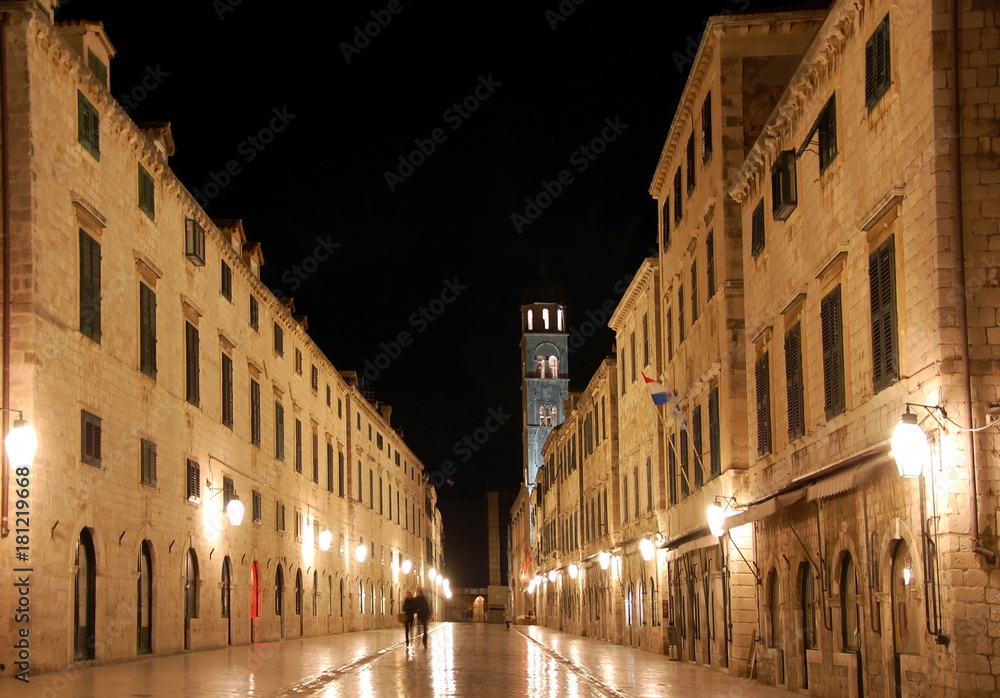 Night view on the main street Stradun in Old town of Dubrovnik, Croatia. Many of historic buildings and monuments in Dubrovnik are situated along Stradun