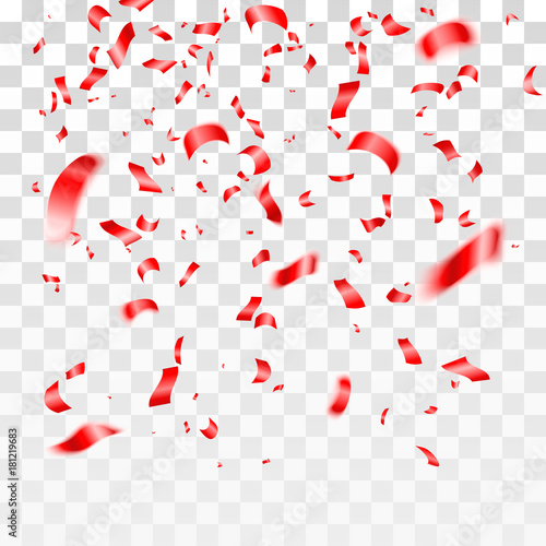 Red confetti on transparent background. Celebration of happy events. Birthday party background. Vector illustration