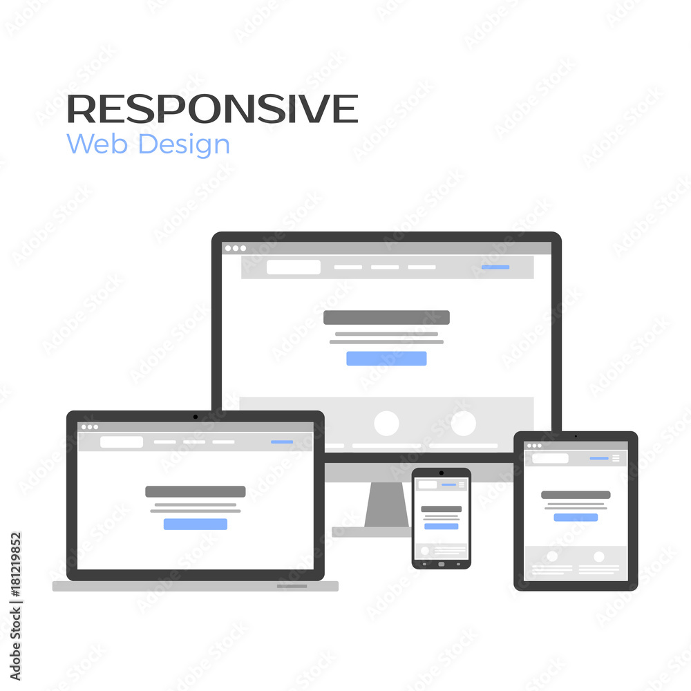 Concept Responsive Web Design. Landing page preview on gadgets screen. Flat vector illustration isolated on white Concept Responsive Web Design. Landing page preview on gadgets screen. Flat vector illustration isolated on white