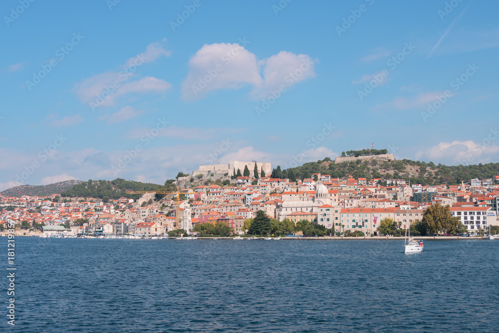 Old town of Sibenik, Croatia. Waterfront view from the sea