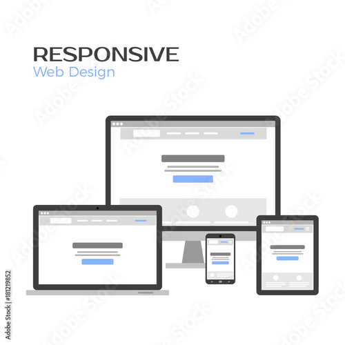 Concept Responsive Web Design. Landing page preview on gadgets screen. Flat vector illustration isolated on white